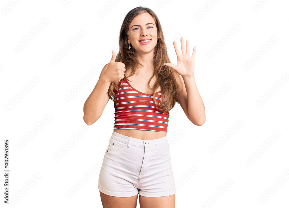 Beautiful caucasian young woman wearing casual clothes showing and pointing up with fingers number six while smiling confident and happy. Beautiful caucasian young woman wearing casual clothes showing and pointing up with fingers number six while smiling confident and happy.