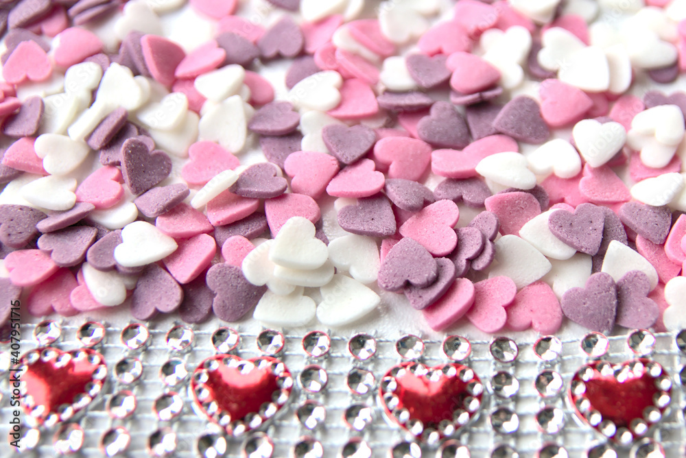 Delicious pink Valentine's Day sugar hearts and ornaments in pink, purple and white show I love you to your girlfriend and beloved people with precious diamonds and red hearts jewelry as special gift Delicious pink Valentine's Day sugar hearts and ornaments in pink, purple and white show I love you to your girlfriend and beloved people with precious diamonds and red hearts jewelry as special gift