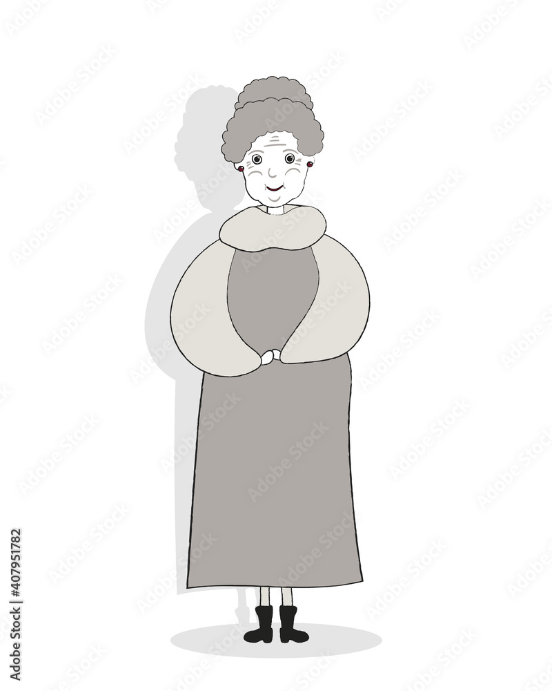 Hand drawn portrait of an old smiling cute granny wearing warm winter outfit, flat illustration isolated on a white background Hand drawn portrait of an old smiling cute granny wearing warm winter outfit, flat illustration isolated on a white background