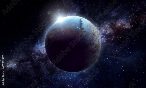 abstract space 3D illustration, 3d image, background image, planet in space among shining stars and galaxies © pechenka_123