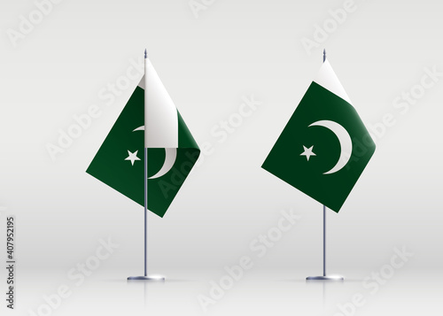 Pakistan flag state symbol isolated on background national banner. Greeting card National Independence Day of the Islamic Republic of Pakistan. Illustration banner with realistic state flag.