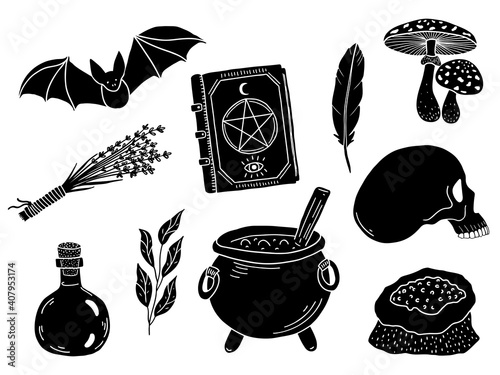 Vector magic set. Hand drawn black doodle elements. Witchs Potion.