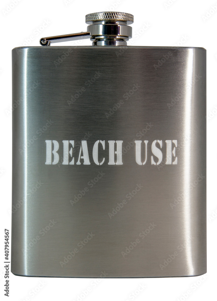 Hip flask isolated on white labeled BEACH USE. Hip flask isolated on white labeled BEACH USE.