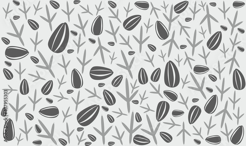 Endless seamless pattern of paw prints of pigeon and sunflower seeds of different sizes. Vector pattern in gray and black.