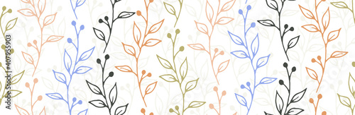 Berry bush branches organic vector seamless pattern. Ornate herbal textile print. Wild plants leaves and bloom wallpaper. Berry bush sprouts sketch repeating swatch