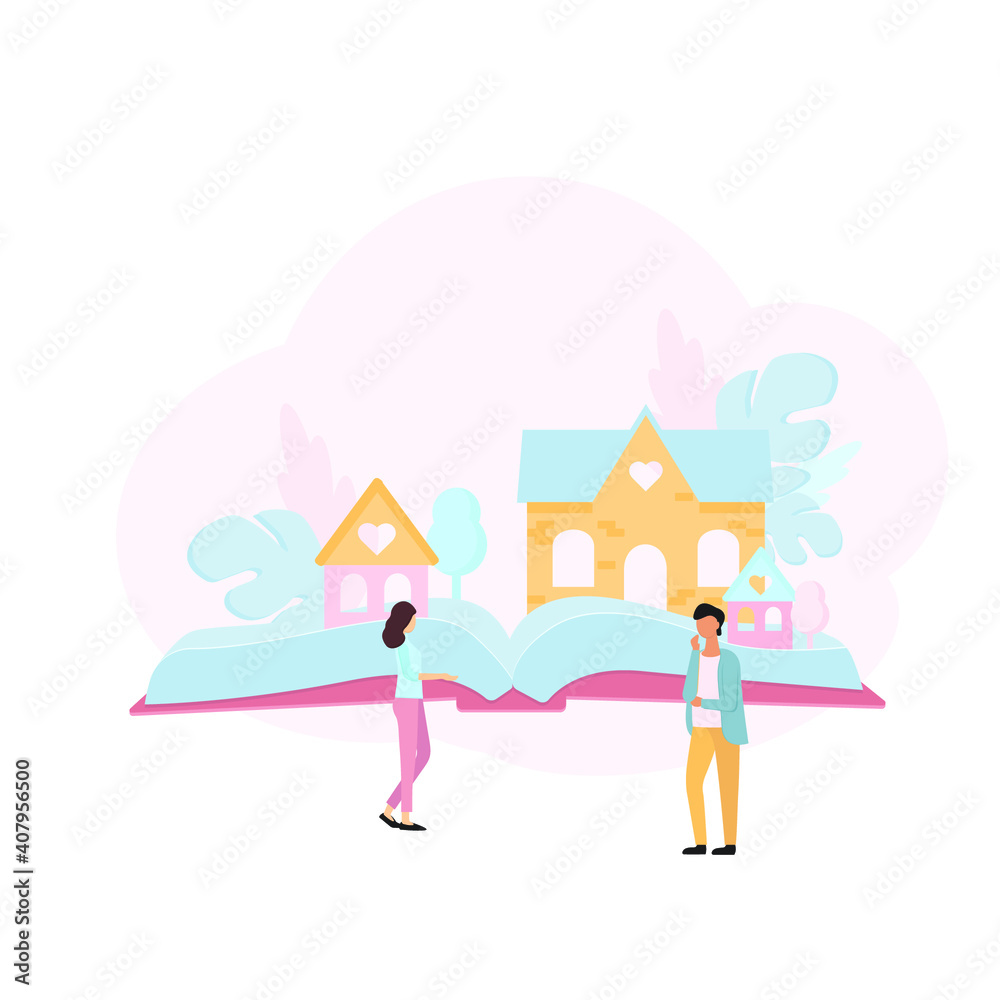People reading books, creative imagination concept, flat style vector illustration. Open book fantasy literature, read novel and fairy tale. Creative people cartoon character