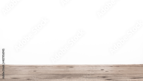 Arrière-plan blanc avec support de bois pour présentation d'objets publicitaires pour promotion de produits. Aspect sol en bois, fond blanc uni.
