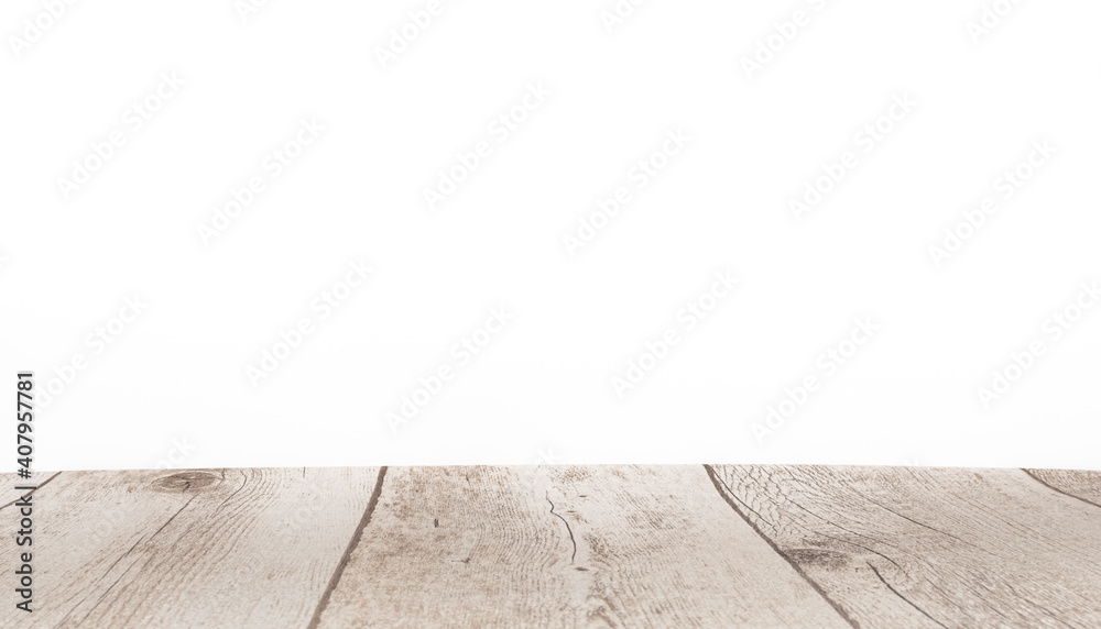 Fototapeta premium Arrière-plan blanc avec support de bois pour présentation d'objets publicitaires pour promotion de produits. Aspect sol en bois, fond blanc uni.