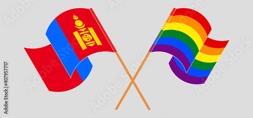 Crossed and waving flags of Mongolia and LGBTQ