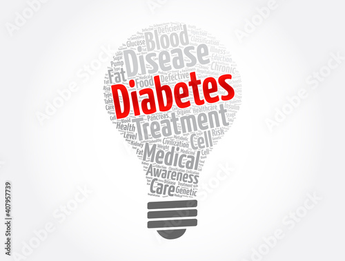 Diabetes light bulb word cloud collage, health concept background