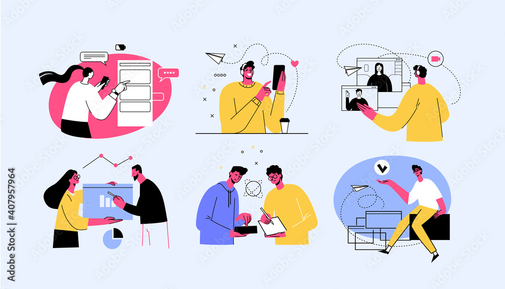 Remote Work concept illustrations. Collection of individual scenes at home office with men and women taking part in business activity. Outline vector illustration. Remote Work concept illustrations. Collection of individual scenes at home office with men and women taking part in business activity. Outline vector illustration.
