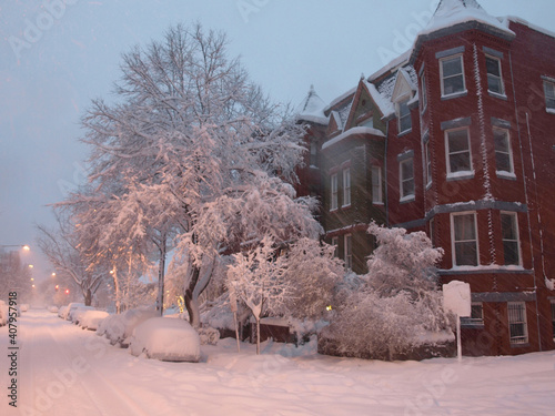 Snow covers trees, cars, and pavement on R Street NW, Washington, DC, February 6, 2010.