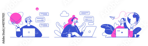 Flat vector design illustrations, technical support assistant, customer and operator vector. Customer service, hotline operator advises customer, online global technical support 247.