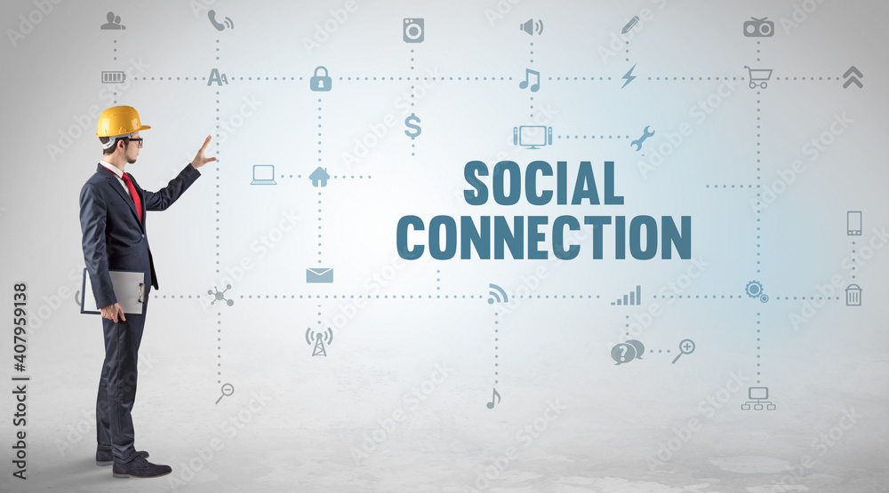Engineer working on a new social media platform with SOCIAL CONNECTION inscription concept Engineer working on a new social media platform with SOCIAL CONNECTION inscription concept