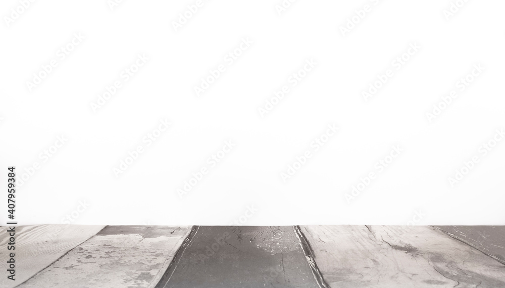 Fototapeta premium Arrière-plan blanc avec support de bois pour présentation d'objets publicitaires pour promotion de produits. Aspect sol en bois, fond blanc uni.