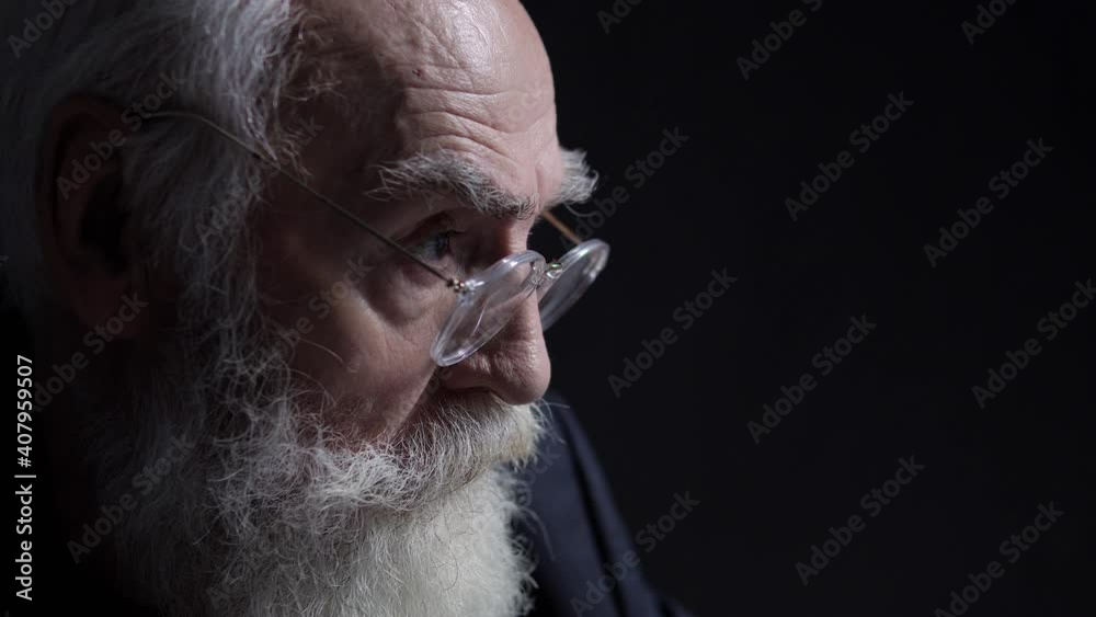 Serious greyhaired man with beard in eyeglasses reading information, leader