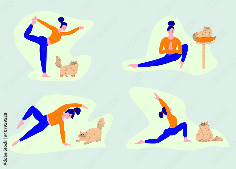 Pictures set of girl making yoga with cat