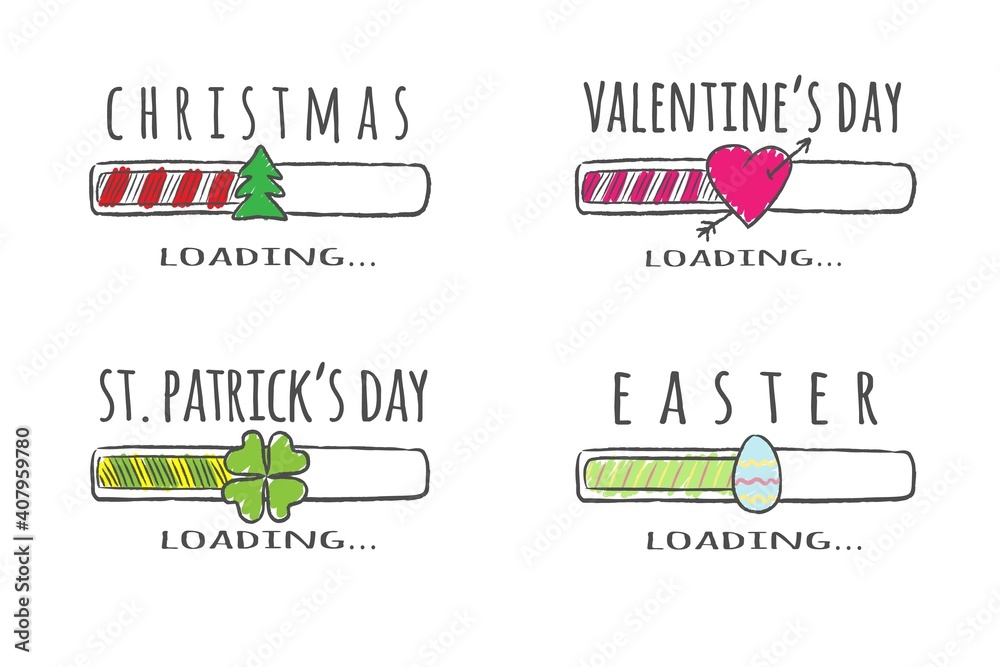 Set of holidays progress bar with inscriptions - Christmas, Easter, Valentines day, St. Patricks day loading. Vector illustration for t-shirt design, poster or greeting card. Set of holidays progress bar with inscriptions - Christmas, Easter, Valentines day, St. Patricks day loading. Vector illustration for t-shirt design, poster or greeting card.