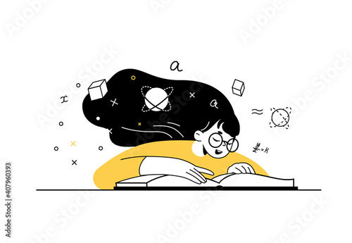 Young girl reading and studying math book. training young people to gain knowledge from books and the Internet. design composition onlain students vector