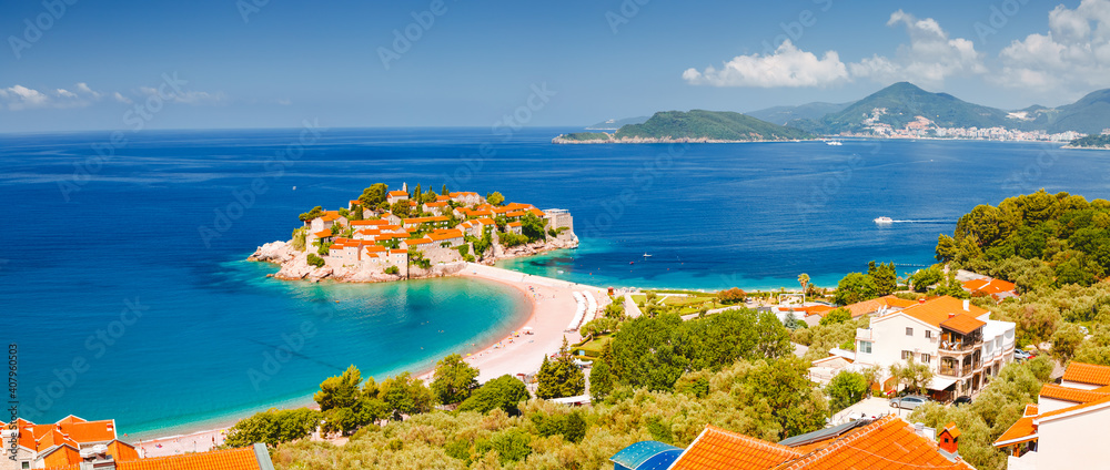 Gorgeous view of the small islet Sveti Stefan. Location place Montenegro, Europe.