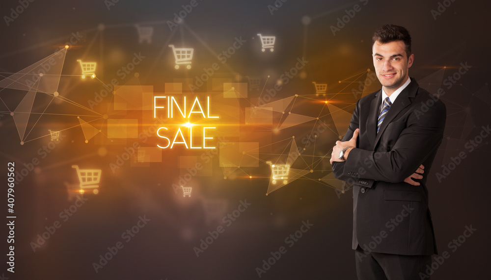 Businessman with shopping cart icons and FINAL SALE inscription, online shopping concept