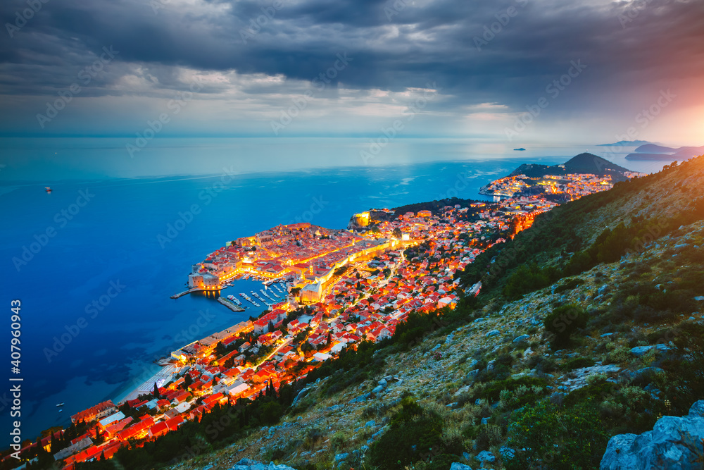 Evening views at famous european city of Dubrovnik - Fort Bokar.