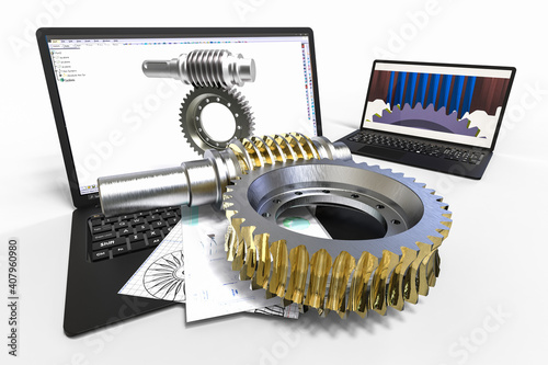 3D render image representing a gear mechanism designed with the help of CAD