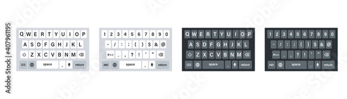 Smartphone keyboard , vector illustration. Set of phone  keyboards in light and dark mode.keypad  mockup .qwerty keypad alphabet buttons .