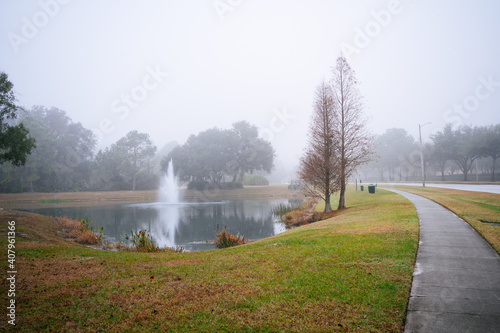 A Florida community in a foggy winter morning 