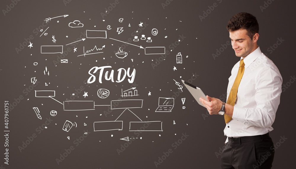 Businessman thinking with STUDY inscription, business education concept Businessman thinking with STUDY inscription, business education concept