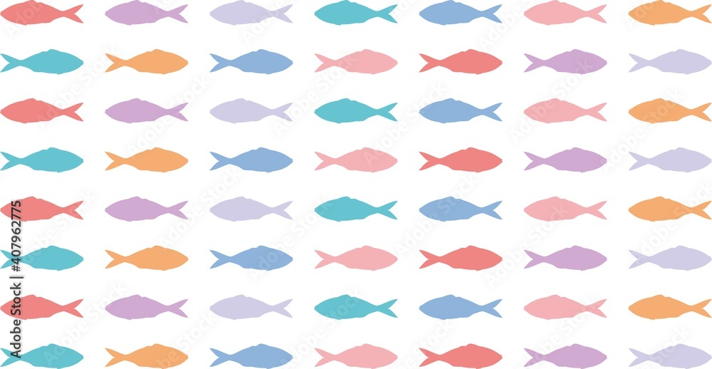 Ocean fish pattern on a white background. Color vector marine fish silhouettes isolated on white background. Rows of crucians swimming in different directions. Ocean fish pattern on a white background. Color vector marine fish silhouettes isolated on white background. Rows of crucians swimming in different directions.