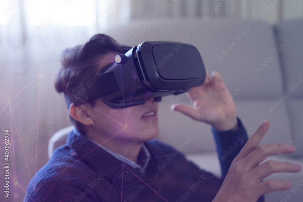 home virtual reality. Smartphone use with VR goggles headset home virtual reality. Smartphone use with VR goggles headset