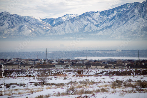Shot of smog inversion of Salt Lake City in Utah in winter