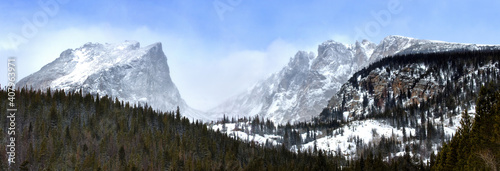 Panorama of Hallet Peak and Flattop as viewed from Rocky Mountain National Park