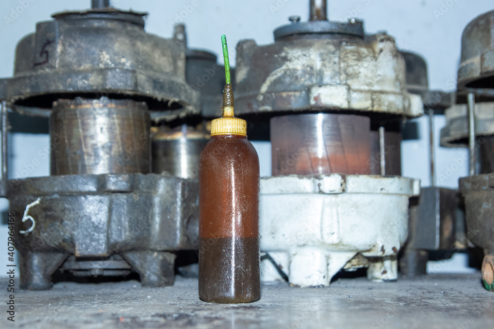 old rusty electrical engines on the steel table