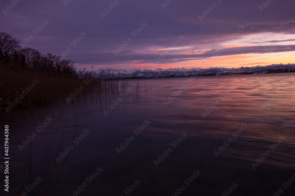 Stunning sunset over the lake of pfaeffikon (Pfäffikersee)
