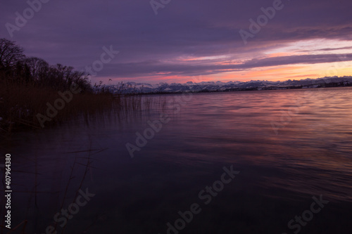 Stunning sunset over the lake of pfaeffikon (Pfäffikersee)