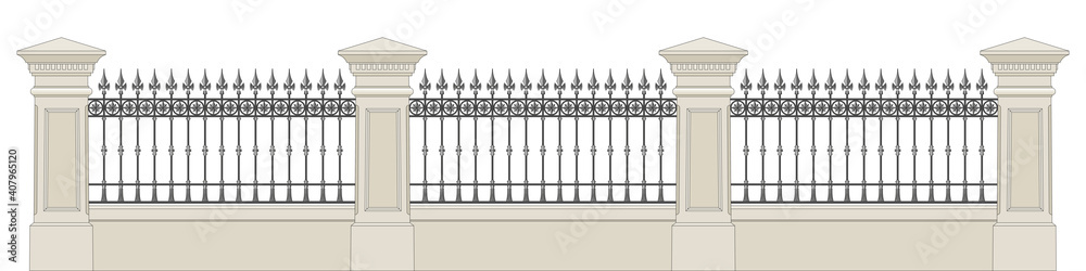 A classical iron fence with stone pillars. Wrought iron. Metal decor. Urban design. Classical architecture. Isolated. White background. A classical iron fence with stone pillars. Wrought iron. Metal decor. Urban design. Classical architecture. Isolated. White background.