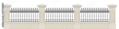 A classical iron fence with stone pillars. Wrought iron. Metal decor. Urban design. Classical architecture. Isolated. White background.