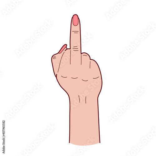 Gesture. Rude sign. Woman hand with middle finger up. Fuck off. Vector illustration.