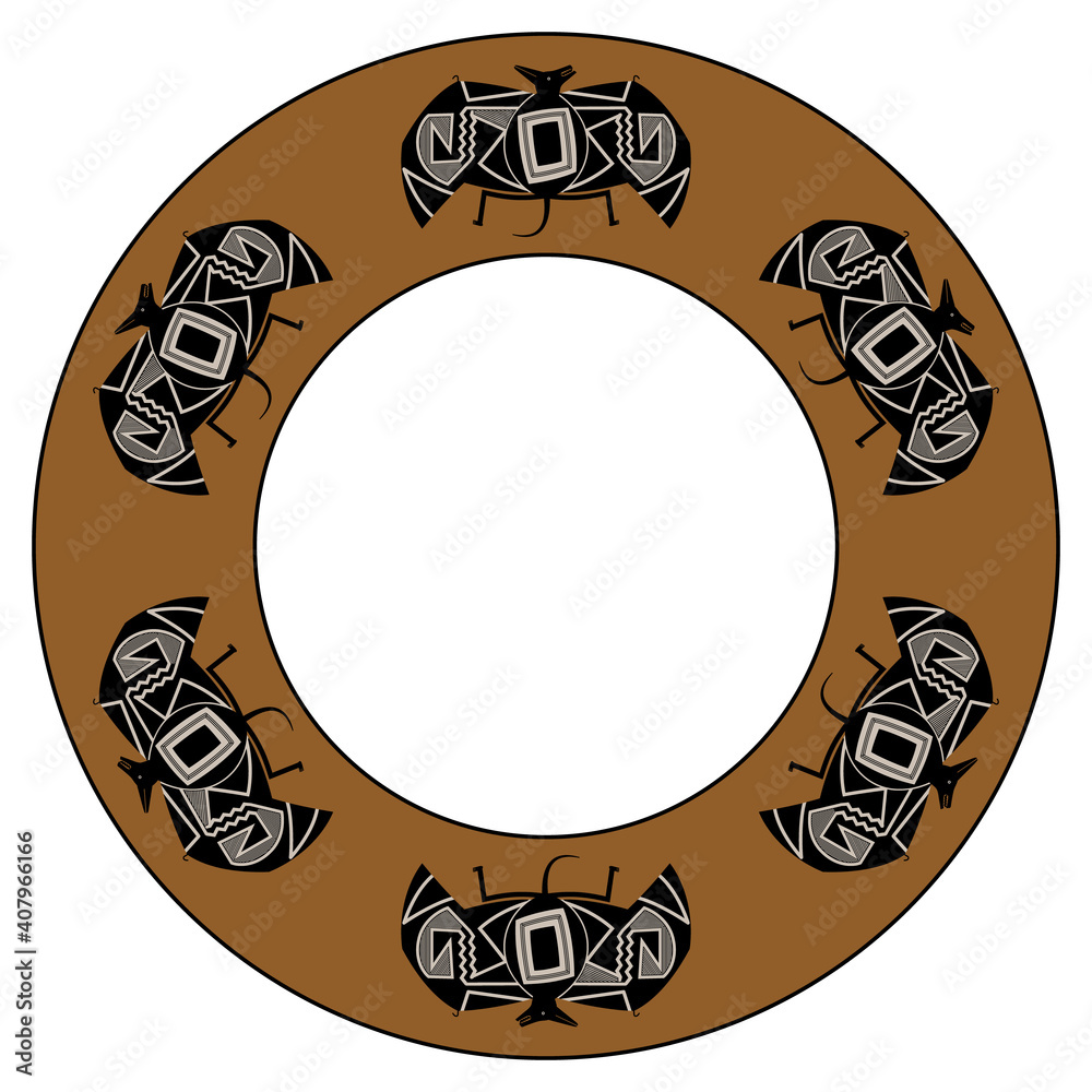 Round animal decor, frame or texture with stylized bats. Native ...