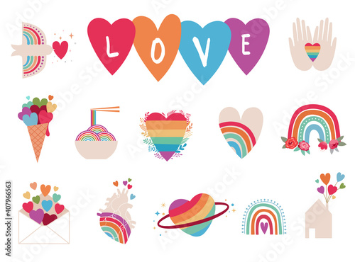 LGBT elements for Valentines day. Love symbols, rainbow, hearts and quotes for gays, lesbian and trans community