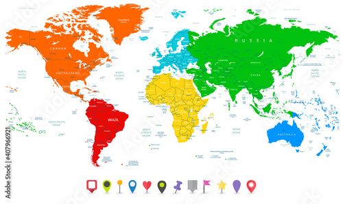 Fototapeta Naklejka Na Ścianę i Meble -  Detailed vector World map with colorful continents and flat map pointers