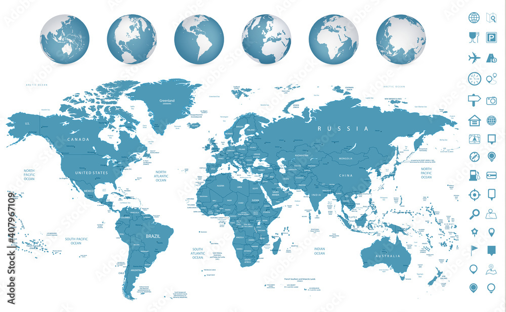Fototapeta Highly detailed World Map and navigation icons with globes
