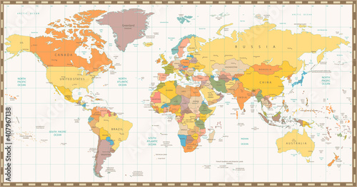Fototapeta Naklejka Na Ścianę i Meble -  Old retro color political World map