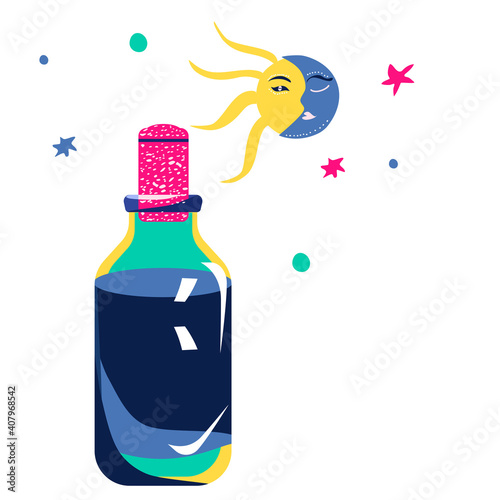 Magic elixir or love potion in glass vial with cork.Spell and witchcraft.Wiccan or astrology symbols,cosmos,space atmosphere.Trendy colors.Vector in flat style.Alchemist mystery tool.