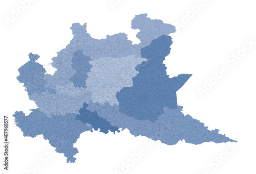 Lombardy map  division by provinces and municipalities. Closed and perfectly editable polygons  polygon fill and color paths editable at will. Levels. Political geographic map. Italy 