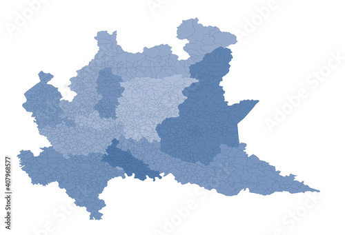 Lombardy map, division by provinces and municipalities. Closed and perfectly editable polygons, polygon fill and color paths editable at will. Levels. Political geographic map. Italy

