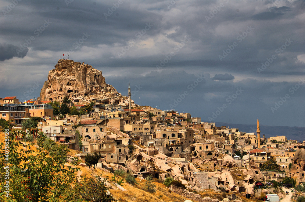 Ancient troglodyte village of Uchisar, in Cappadocia (Central Anatolia, Turkey). Fairy Chimneys