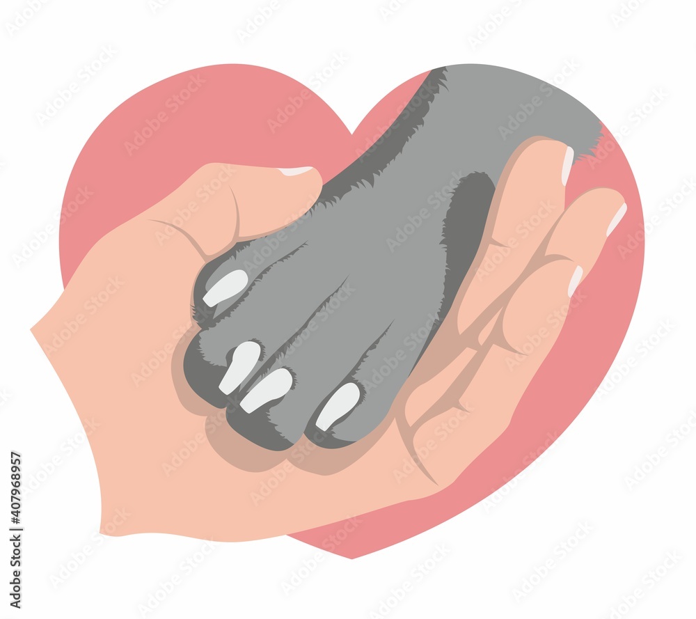 The hand gently holds a dog's paw on the background of a pink heart. Symbol of love for dogs. Animal protecting community. The hand gently holds a dog's paw on the background of a pink heart. Symbol of love for dogs. Animal protecting community.